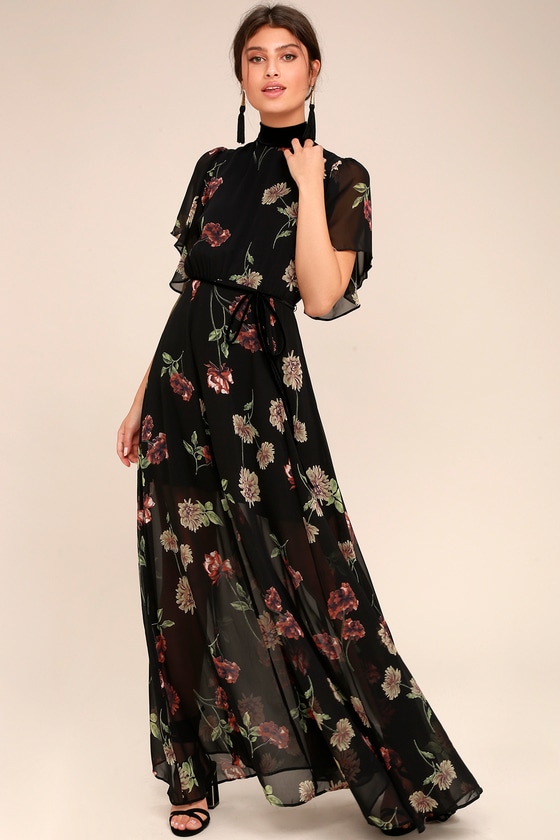 Black Floral Print Dress - Maxi Dress ...